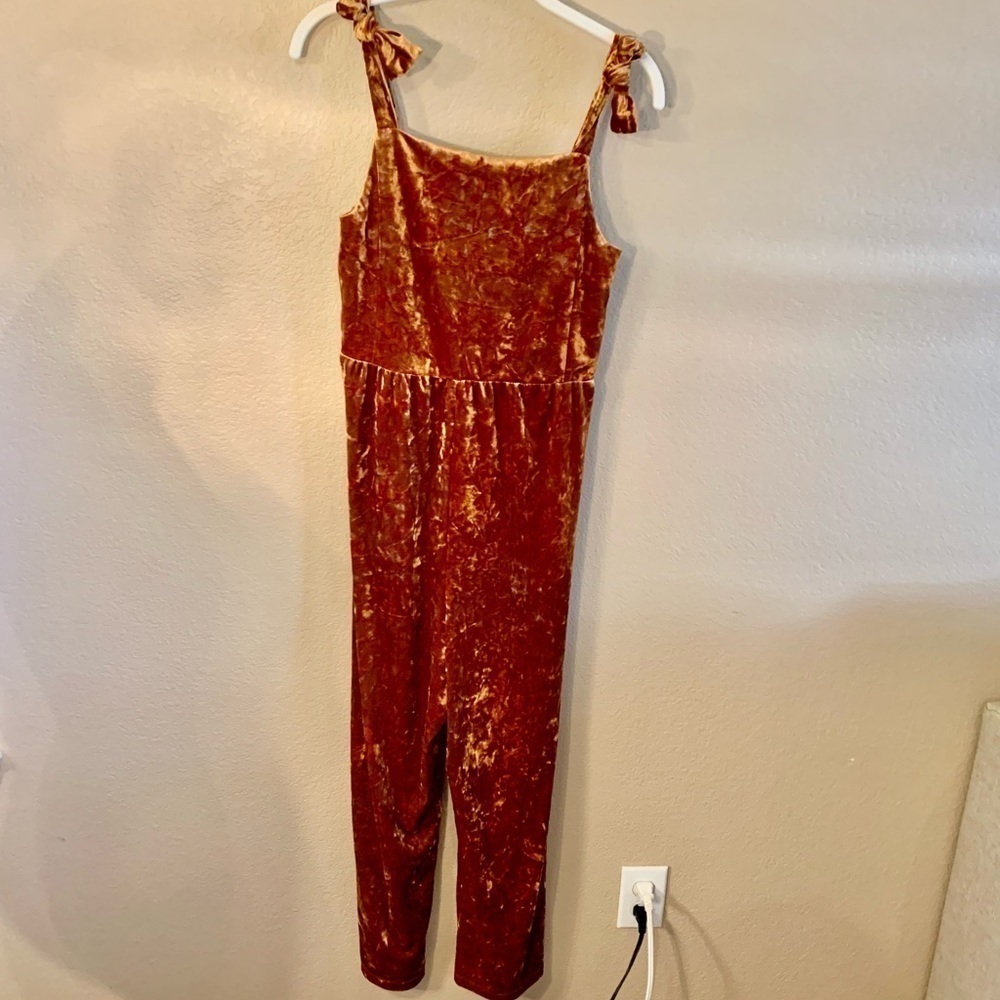 Cat & Jack Jumpsuit XL Jrs 14/16 Burnt Orange Velour Sleeveless Smocked Retro